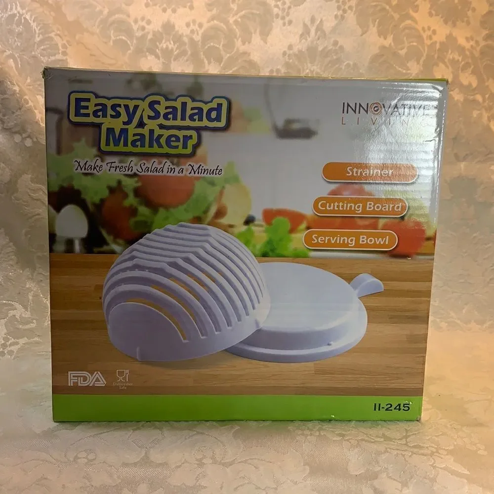 Easy Salad Maker Fresh Salad In A Minute Strainer Cutting Board Serving Bowl NEW
